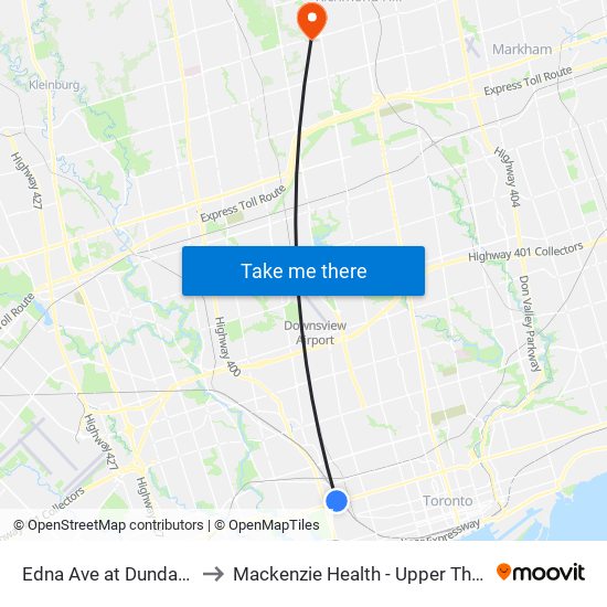 Edna Ave at Dundas St West to Mackenzie Health - Upper Thornhill Centre map