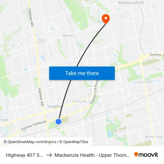 Highway 407 Station to Mackenzie Health - Upper Thornhill Centre map