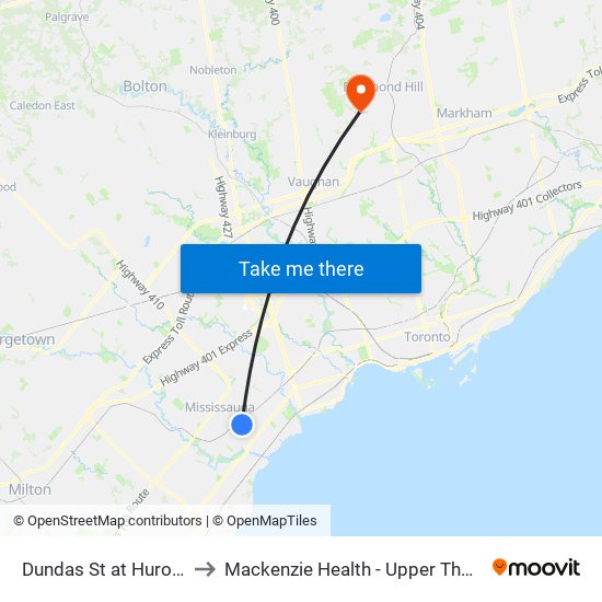 Dundas St at Hurontario St to Mackenzie Health - Upper Thornhill Centre map