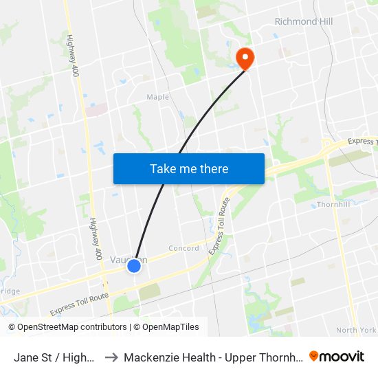 Jane St / Highway 7 to Mackenzie Health - Upper Thornhill Centre map