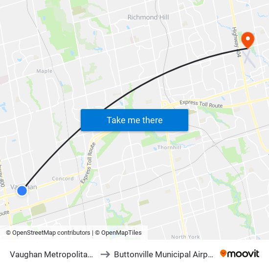 Vaughan Metropolitan Centre to Buttonville Municipal Airport (YKZ) map