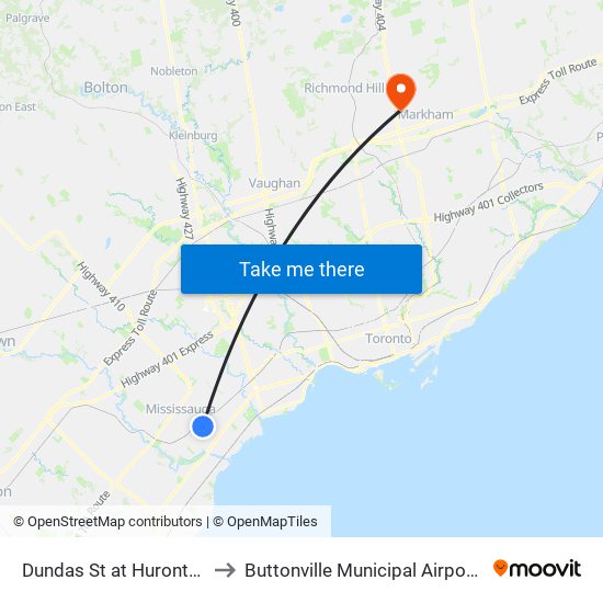 Dundas St at Hurontario St to Buttonville Municipal Airport (YKZ) map