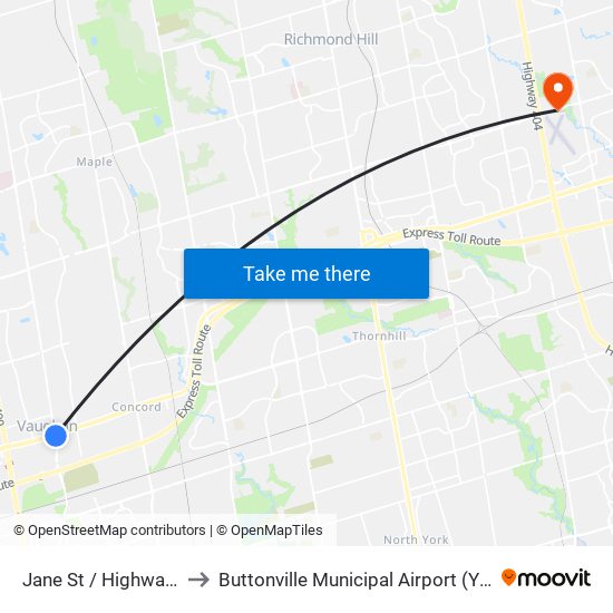 Jane St / Highway 7 to Buttonville Municipal Airport (YKZ) map