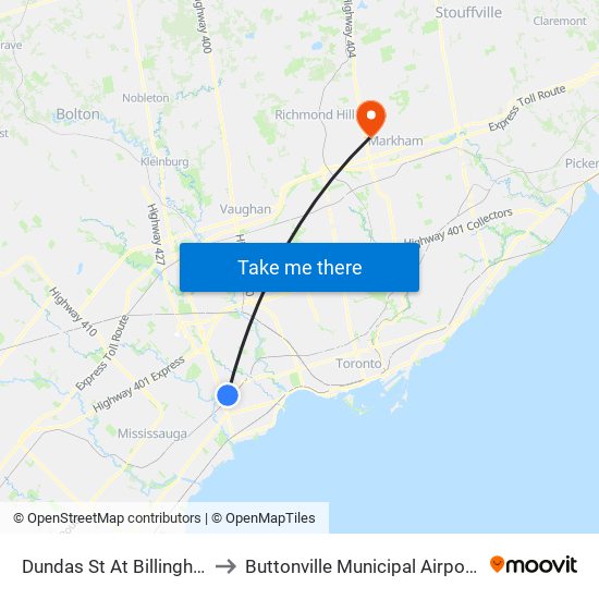 Dundas St At Billingham Rd to Buttonville Municipal Airport (YKZ) map