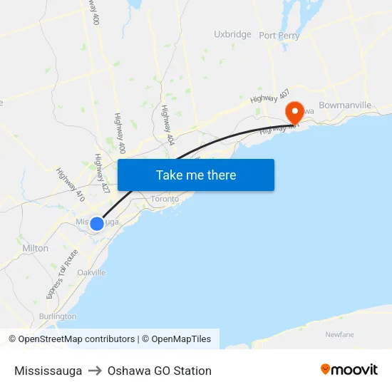 Mississauga to Oshawa GO Station map