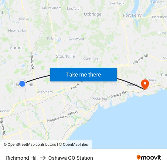 Richmond Hill to Oshawa GO Station map