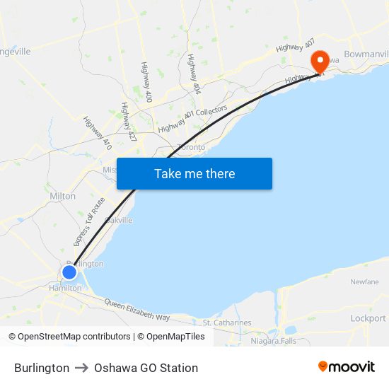 Burlington to Oshawa GO Station map