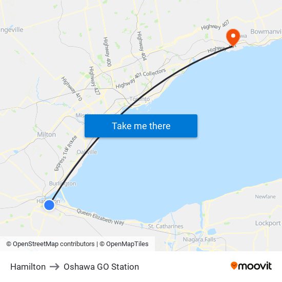 Hamilton to Oshawa GO Station map