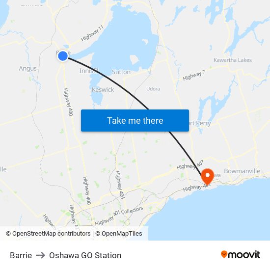 Barrie to Oshawa GO Station map