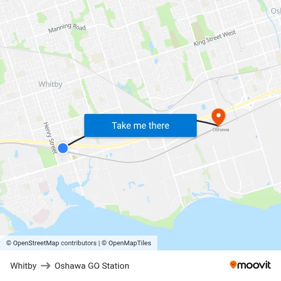 Whitby to Oshawa GO Station map