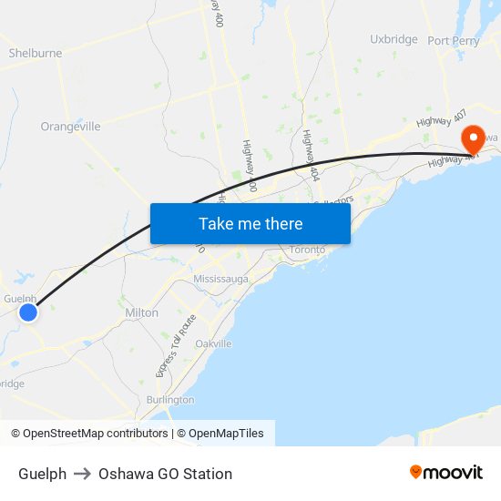 Guelph to Oshawa GO Station map