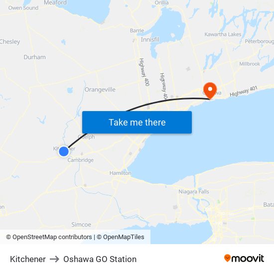 Kitchener to Oshawa GO Station map