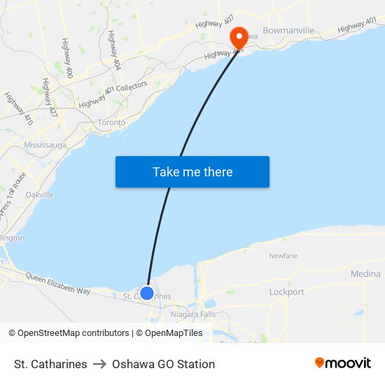 St. Catharines to Oshawa GO Station map