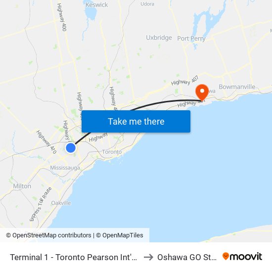 Terminal 1 - Toronto Pearson Int'L Airport to Oshawa GO Station map