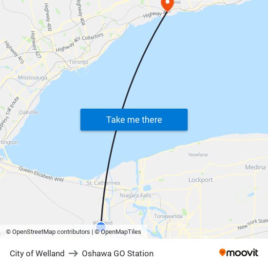 City of Welland to Oshawa GO Station map