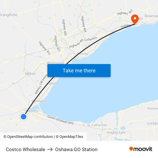 Costco Wholesale to Oshawa GO Station map