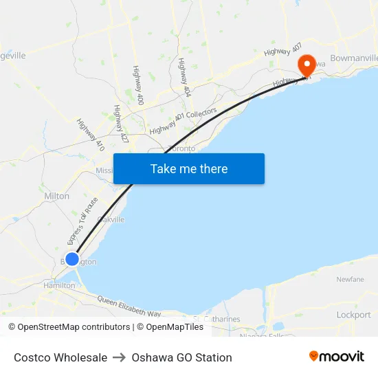 Costco Wholesale to Oshawa GO Station map