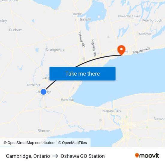 Cambridge, Ontario to Oshawa GO Station map