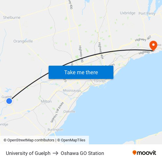 University of Guelph to Oshawa GO Station map