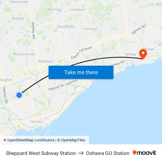 Sheppard West Subway Station to Oshawa GO Station map