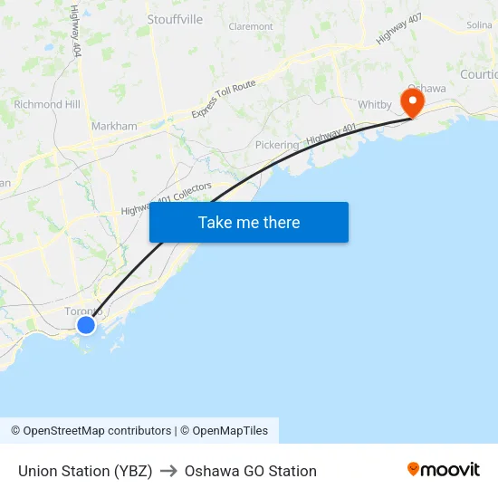 Union Station (YBZ) to Oshawa GO Station map