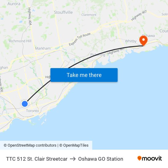 TTC 512 St. Clair Streetcar to Oshawa GO Station map