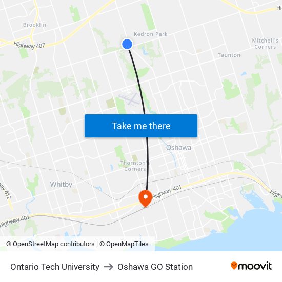 Ontario Tech University to Oshawa GO Station map