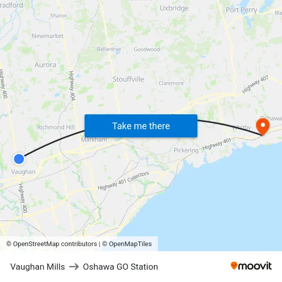 Vaughan Mills to Oshawa GO Station map