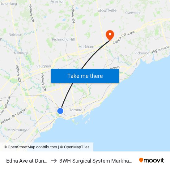 Edna Ave at Dundas St West to 3WH-Surgical System Markham Stouffville Hospital map