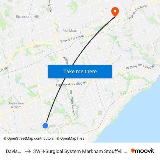 Davisville to 3WH-Surgical System Markham Stouffville Hospital map