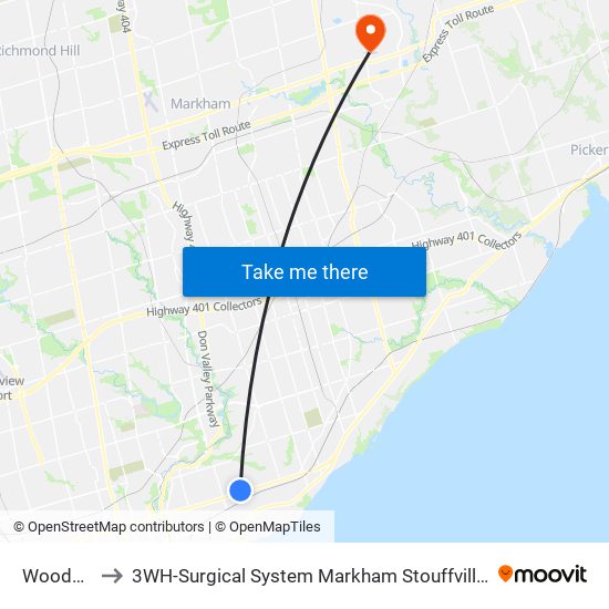 Woodbine to 3WH-Surgical System Markham Stouffville Hospital map