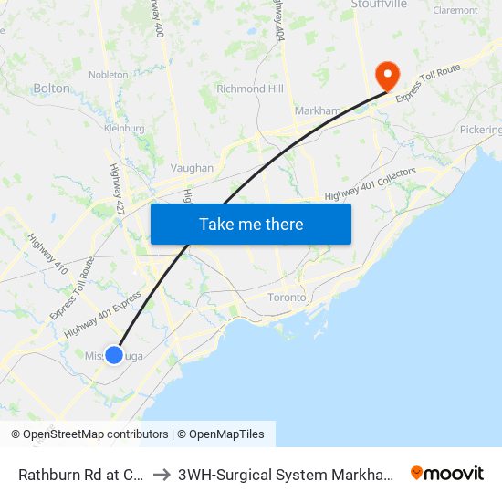 Rathburn Rd at City Centre Dr to 3WH-Surgical System Markham Stouffville Hospital map