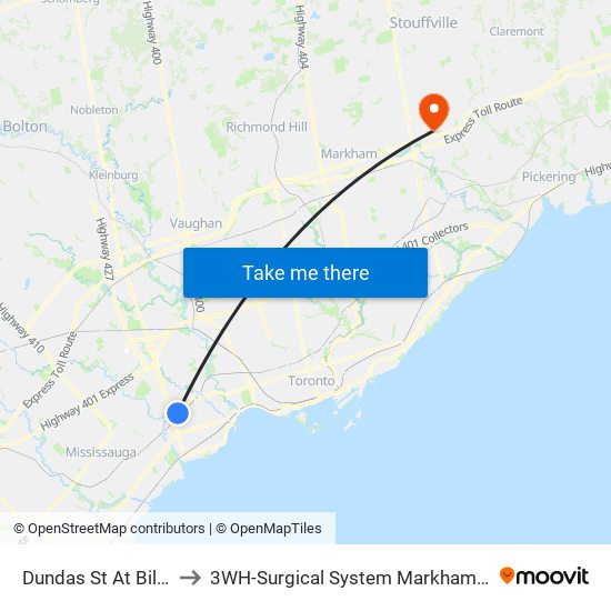 Dundas St At Billingham Rd to 3WH-Surgical System Markham Stouffville Hospital map