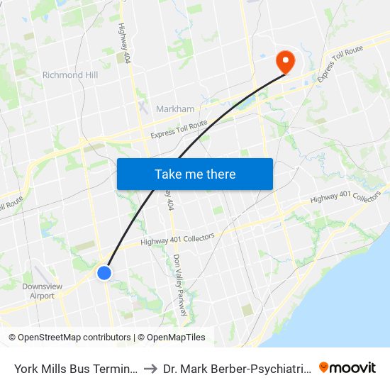 York Mills Bus Terminal to Dr. Mark Berber-Psychiatrist map