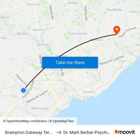 Brampton Gateway Terminal to Dr. Mark Berber-Psychiatrist map