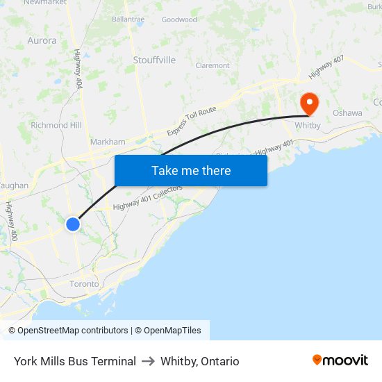 York Mills Bus Terminal to Whitby, Ontario map