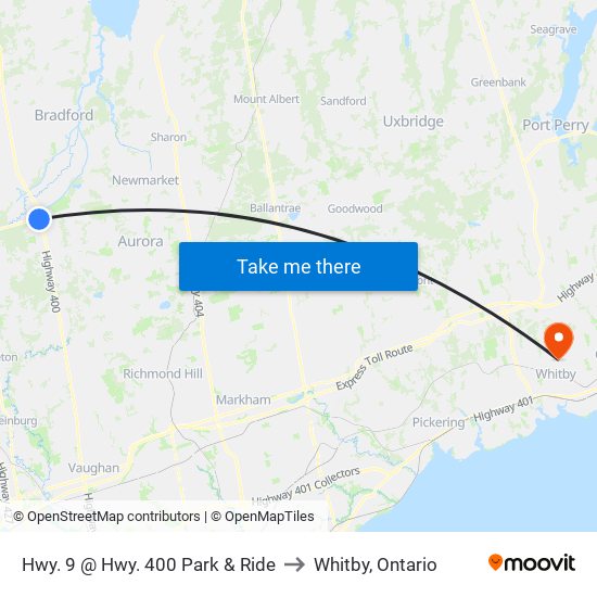 Hwy. 9 @ Hwy. 400 Park & Ride to Whitby, Ontario map