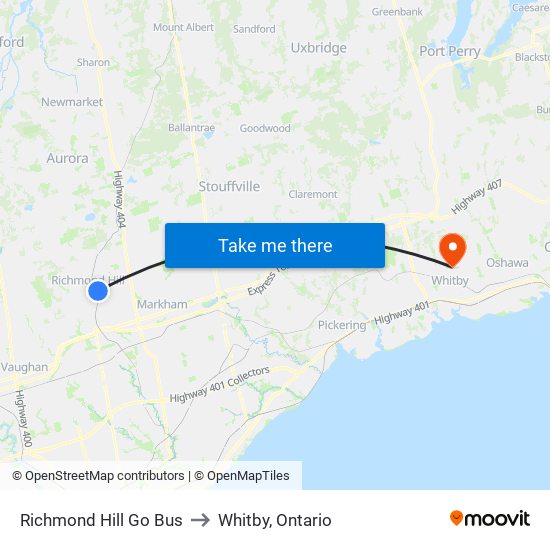 Richmond Hill Go Bus to Whitby, Ontario map