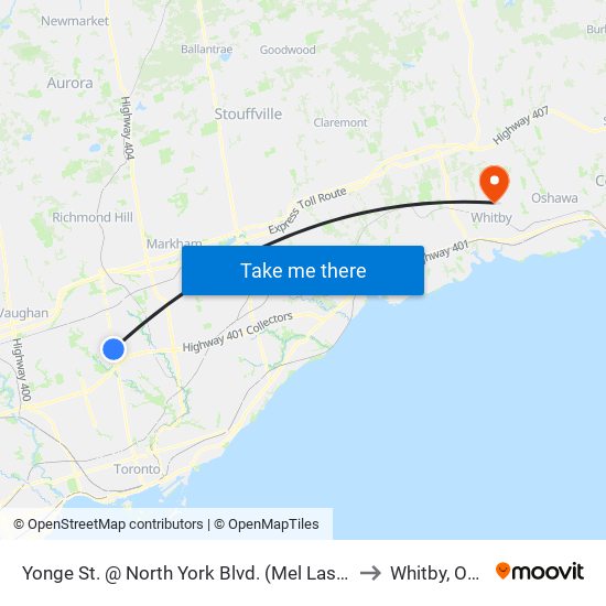 Yonge St. @ North York Blvd. (Mel Lastman Square) to Whitby, Ontario map