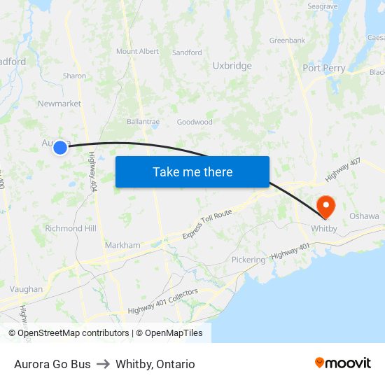 Aurora Go Bus to Whitby, Ontario map