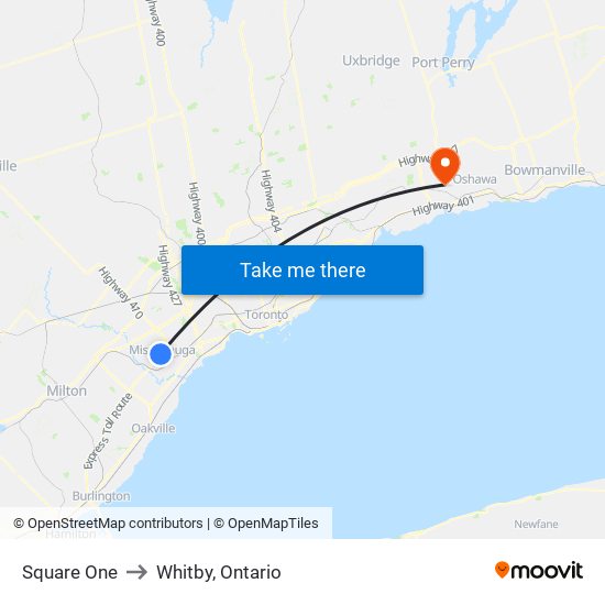 Square One to Whitby, Ontario map