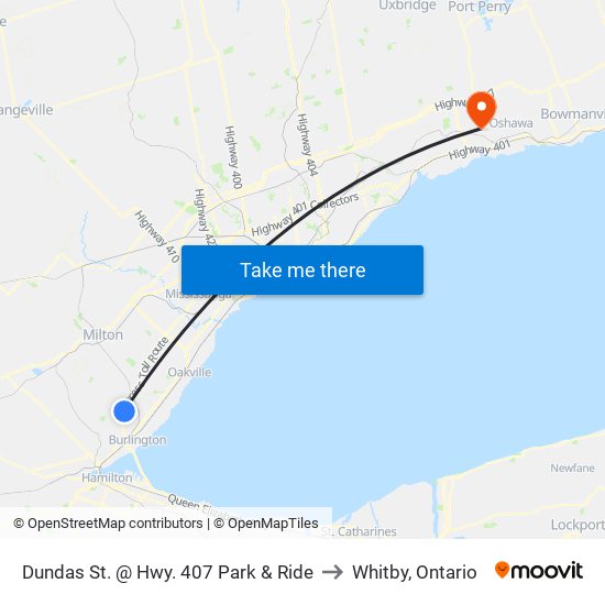 Dundas St. @ Hwy. 407 Park & Ride to Whitby, Ontario map