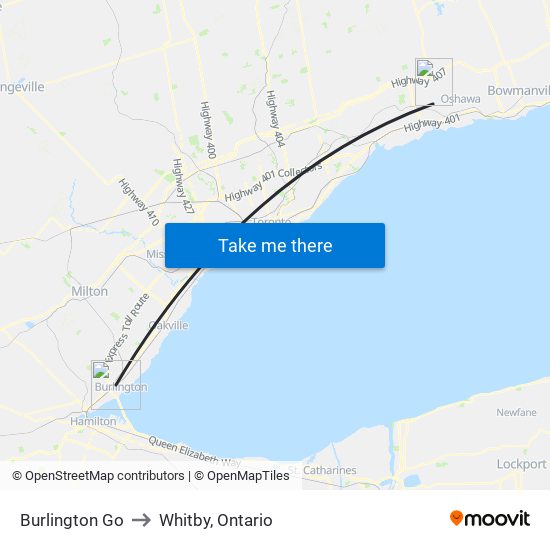 Burlington Go to Whitby, Ontario map