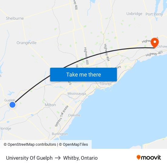 University Of Guelph to Whitby, Ontario map