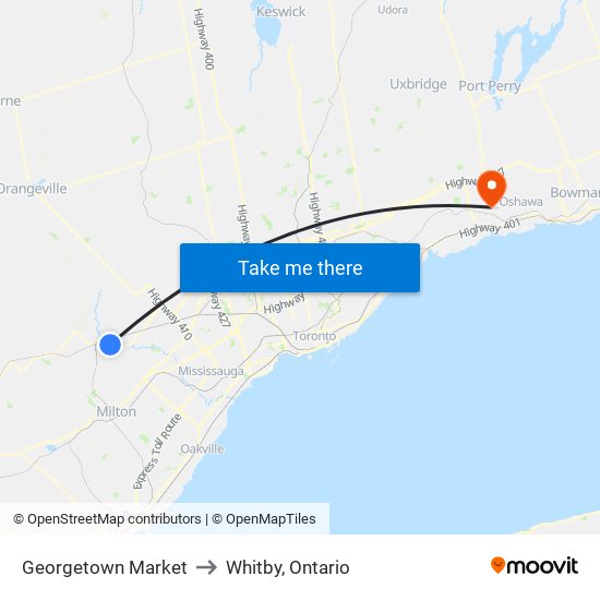 Georgetown Market to Whitby, Ontario map