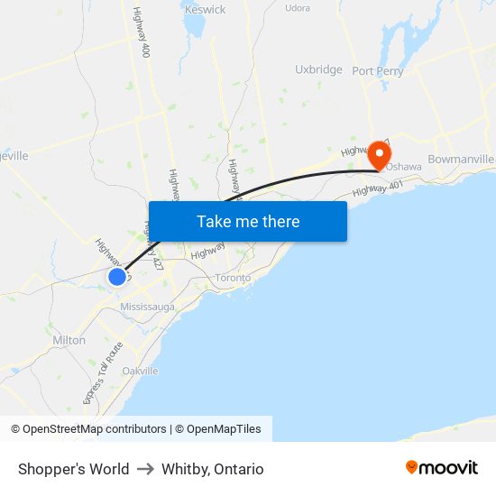 Shopper's World to Whitby, Ontario map
