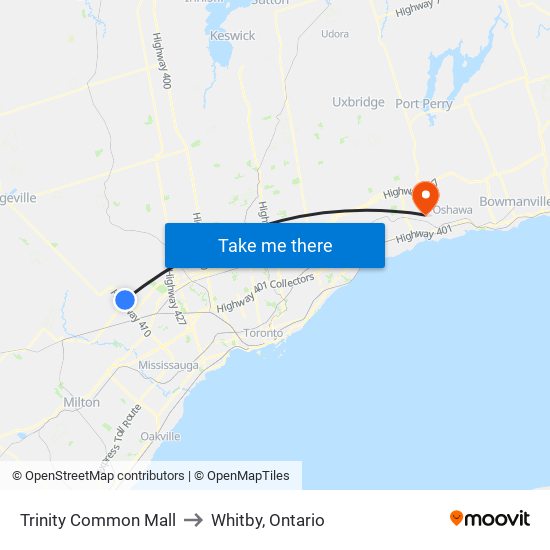 Trinity Common Mall to Whitby, Ontario map