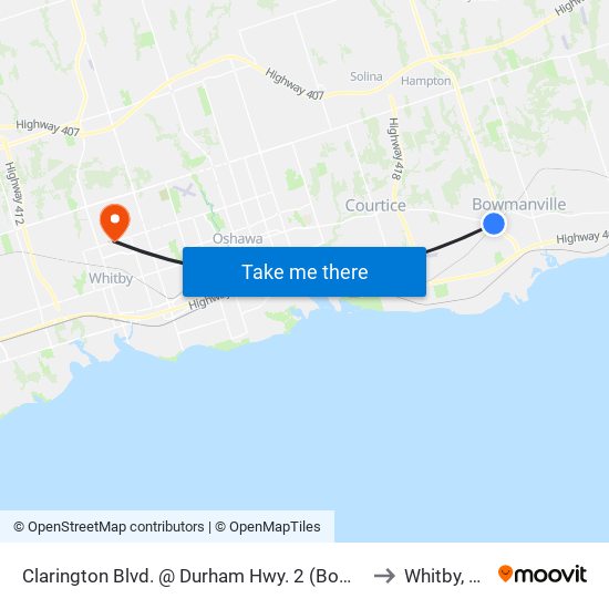 Clarington Blvd. @ Durham Hwy. 2 (Bowmanville) Park & Ride to Whitby, Ontario map