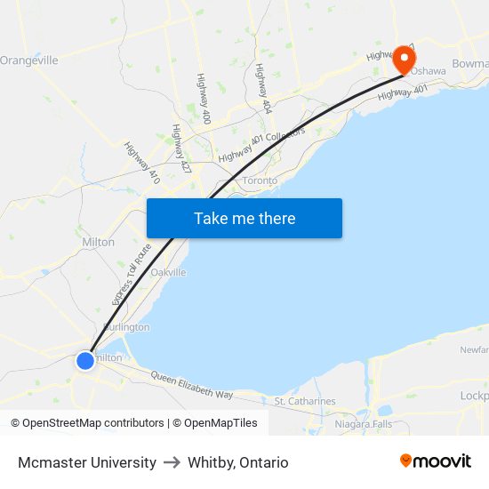 Mcmaster University to Whitby, Ontario map