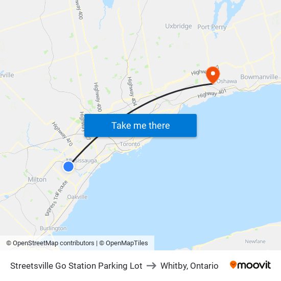 Streetsville Go Station Parking Lot to Whitby, Ontario map